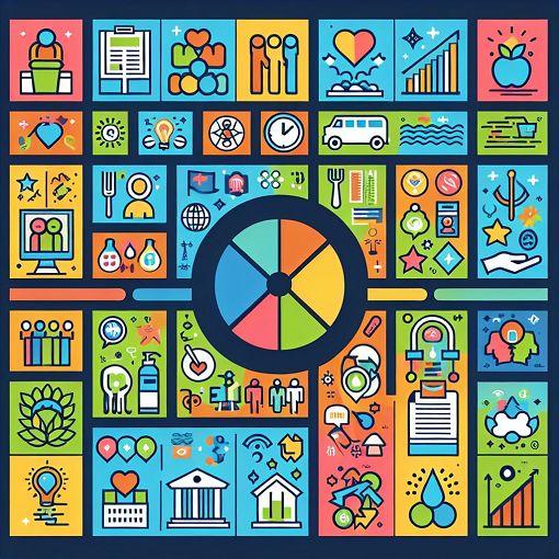 A vibrant, educational graphic depicting various government schemes and initiatives, with icons representing health, education, sanitation, and infrastructure improvements, in a clear and colorful design.