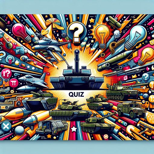 A digital illustration of military equipment and fun trivia elements, vibrant and engaging visual style, suitable for a quiz landing page.