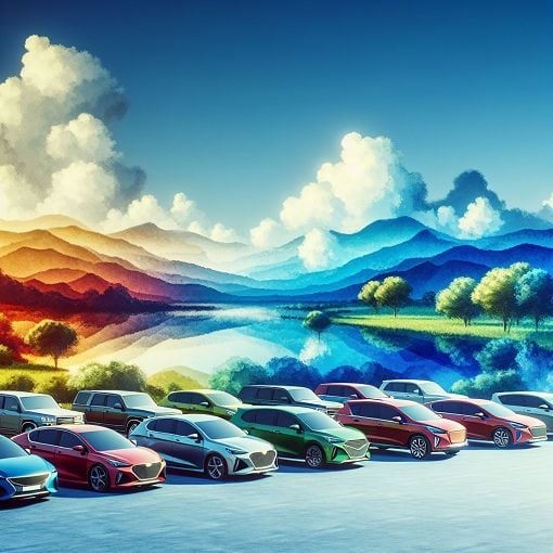 A beautiful landscape with various types of cars parked, showcasing different models and colors against a blue sky.