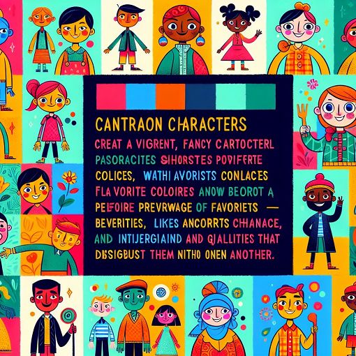 A colorful, whimsical illustration of cartoon siblings representing different personalities and traits, with elements like favorite colors, drinks, and Disney characters creatively integrated into the design.