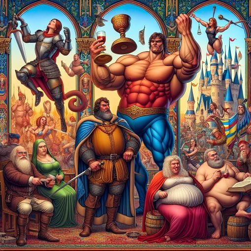 A whimsical and colorful illustration of various medieval fantasy lords, each with exaggerated characteristics, engaging in humorous activities in a vibrant castle setting.