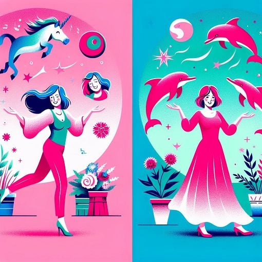 Create an image of two different types of women: one vibrant and fun with a pink background representing the vodka aunt, and another warm and cozy with a teal background representing the wine mom. Include elements like a unicorn and dolphins in the image to reflect their spirit animals.