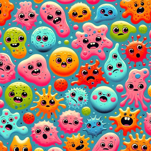 A whimsical, colorful illustration depicting various cancer cells with playful characteristics, vibrant art style, engaging atmosphere, and a hint of humor.