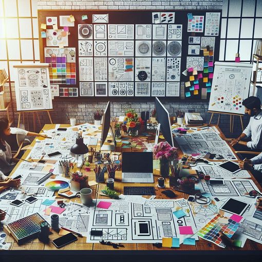 A vibrant and engaging illustration of a user experience design workspace, featuring elements like wireframes, moodboards, and color palettes, conveying an atmosphere of creativity and collaboration.