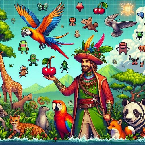 Create an engaging and colorful illustration that features a whimsical character named Cran surrounded by various animals and video game elements, showcasing a playful and fun atmosphere.