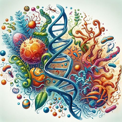 A vibrant illustration of biological concepts, including cells, DNA, and various plant and animal life, featuring a whimsical and educational style.