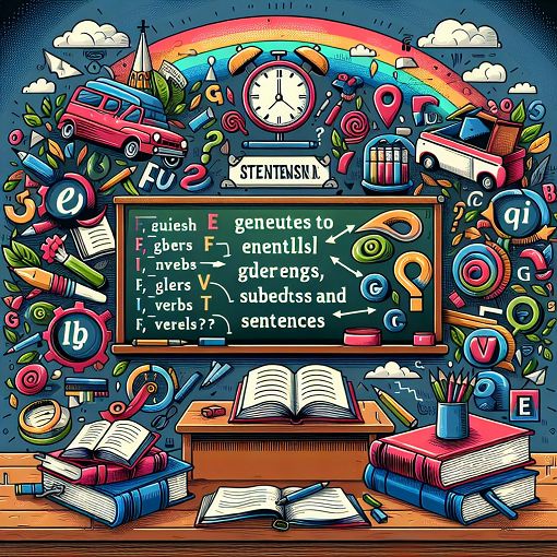 A colorful infographic that represents various aspects of English grammar, highlighting subjects and verbs in sentences, with elements like books, a chalkboard, and question marks in a classroom setting.