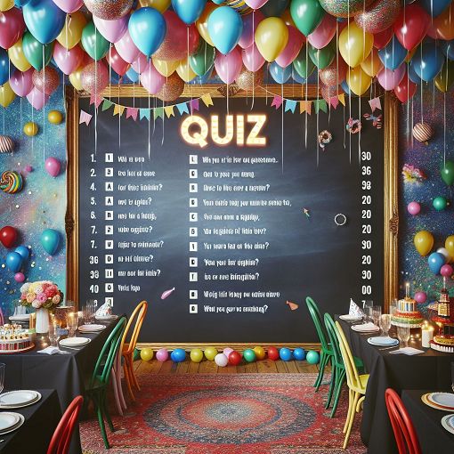 A colorful birthday party scene with decorations, balloons, and a quiz-themed design featuring various quiz questions on a chalkboard background.