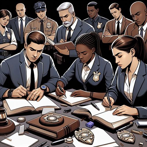 Create an illustration showing elements of law enforcement training, including badges, legal documents, and a diverse group of people studying together.