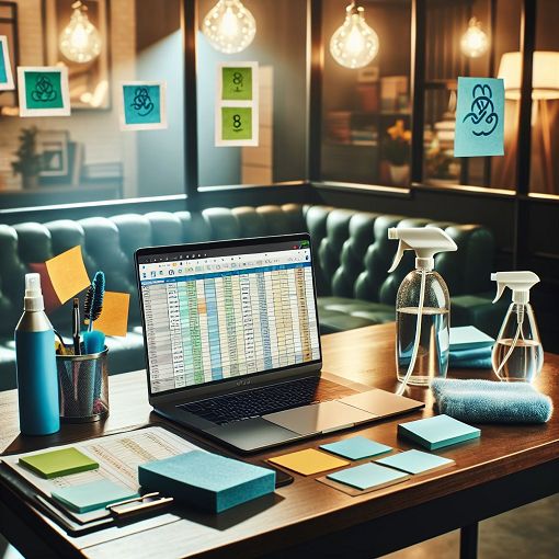 A detailed and organized workspace featuring a laptop displaying a spreadsheet with booking and scheduling information, sticky notes, and cleaning supplies, bright and inviting atmosphere.