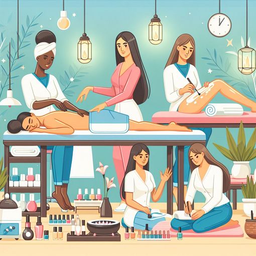 Create a vibrant and engaging image that represents beauty services showcasing various treatments like massage, waxing, and manicures with a cheerful aesthetic.