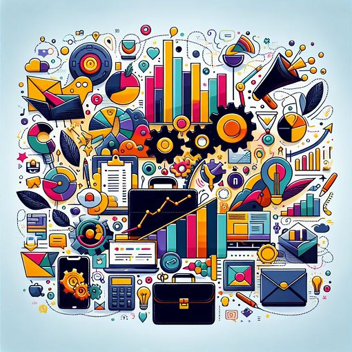 An engaging illustration of business-related icons such as briefcases, graphs, and communication tools, symbolizing learning and professionalism in Business English.