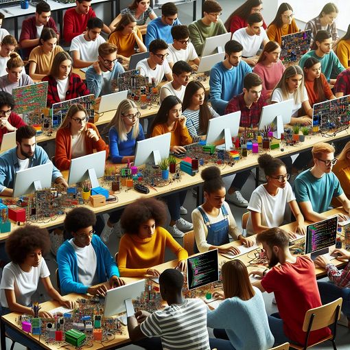 A vibrant classroom filled with students engaged in various computer projects, showcasing creativity and collaboration.