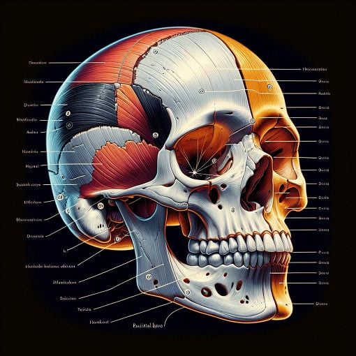 Create an anatomical illustration of the human skull highlighting the parietal bone with labels for its features and surrounding structures.