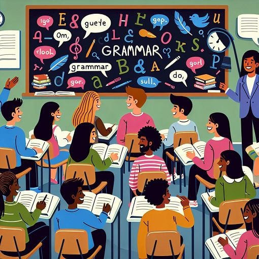 A vibrant and engaging illustration of a classroom setting, with students actively participating in a grammar lesson, featuring books, a chalkboard, and playful grammar symbols in the background.