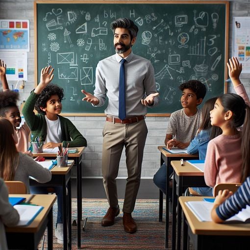 A vibrant classroom scene depicting a teacher engaging with curious students, showcasing an atmosphere of inquiry and interactive learning.