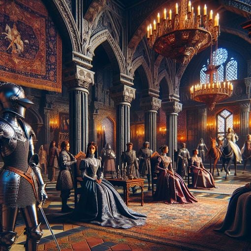 A fantasy-themed court scene depicting various characters like knights, maids, and lords in an enchanting castle setting.