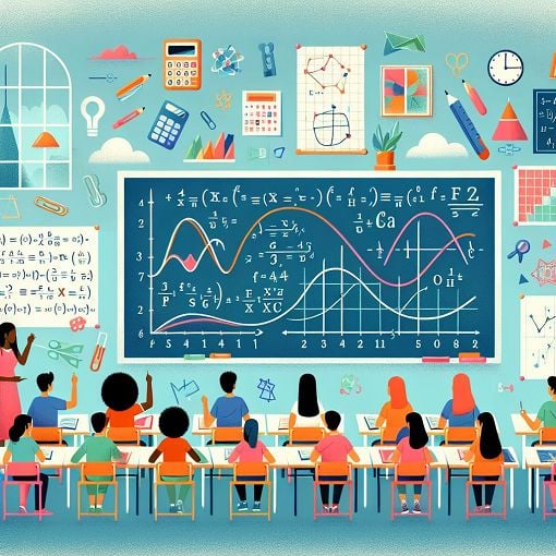 A colorful illustration showing the concept of linear fun<wbr>ctions with graphs, equations, and mathematical symbols in a classroom setting.