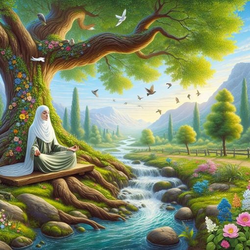 A serene landscape with a person meditating under a tree, surrounded by nature, symbolizing self-reflection and personal growth.