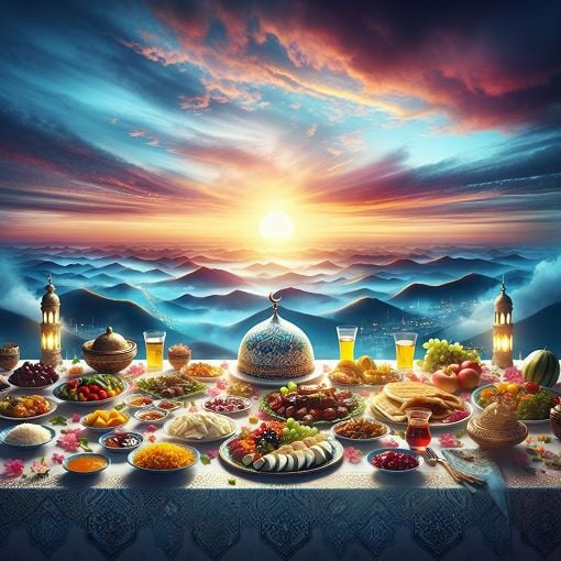 A beautifully arranged Sehri table with traditional dishes and a backdrop of a sunset, symbolizing Iftar time and the spirit of Ramadan.