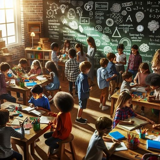 A vibrant classroom scene featuring children engaging with educational materials, with a chalkboard displaying diverse subjects like math, literature, and Irish culture.