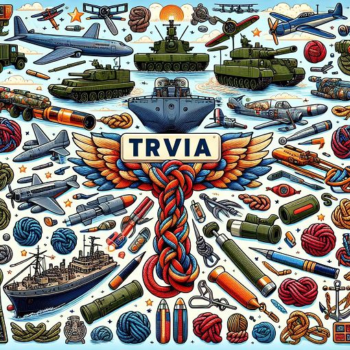 An engaging quiz about military knowledge and fun facts, featuring illustrations of military vehicles, knots, and trivia elements, vibrant colors, and an interactive style.