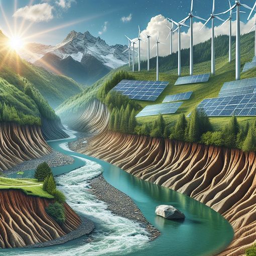 Create an educational illustration featuring a flowing river, erosion processes, and renewable energy sources like solar panels and wind turbines in a natural landscape.