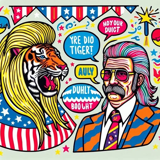 A vibrant and humorous illustration featuring a tiger, an American flag, and quotes in speech bubbles, capturing the eccentricities of both Joe Exotic and Donald Trump.