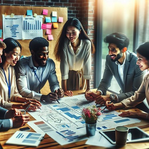 Create a vibrant and engaging image depicting project management concepts such as Agile, Waterfall, and Scrum methodologies, featuring diverse team members collaborating on a project with charts and sticky notes in a modern office setting.