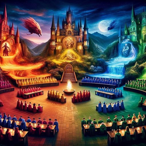 A vibrant, magical scene of Hogwarts with students representing the four houses, each showcasing distinctive traits and vibes of Gryffindor, Hufflepuff, Ravenclaw, and Slytherin in an enchanting setting.