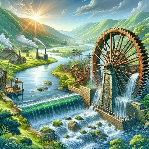 An illustration of a water wheel powered by flowing water, with a backdrop of historical landscapes and ancient inventions, in a bright and engaging style.