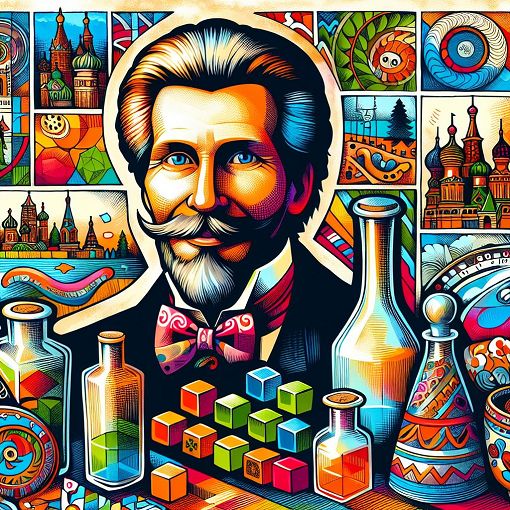 A colorful, comedic illustration featuring Boris and his iconic gopnik style, surrounded by elements like vodka bottles, Tetris blocks, and Russian landscapes.