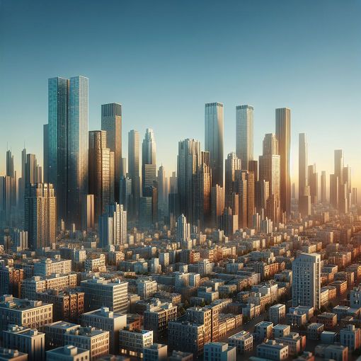 Create an image of a skyline with various high-rise buildings, showcasing different architectural styles and structural systems, during a clear blue sky at sunset.