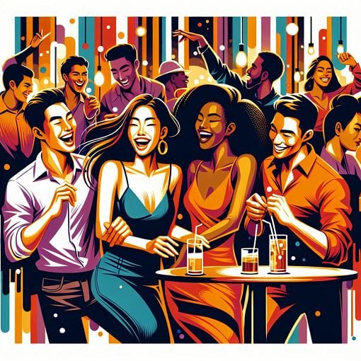 A vibrant illustration of a night out scene with friends laughing, dancing, and flirting, colorful and dynamic style.