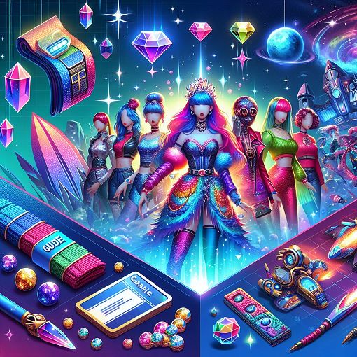 A vibrant and colorful illustration depicting elements related to gaming bundles, including gems, tags, and a dynamic gaming environment, inspired by K-Pop and futuristic themes.