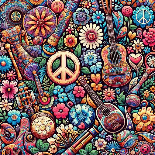 A vibrant and colorful illustration of a hippie theme, featuring peace signs, flowers, and musical instruments, with a bohemian aesthetic.