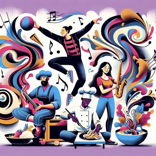 A whimsical and colorful illustration of diverse characters engaging in quirky activities, set against a vibrant backdrop with stylized fabrics, music elements, and food illustrations, reflecting a fun and carefree attitude.