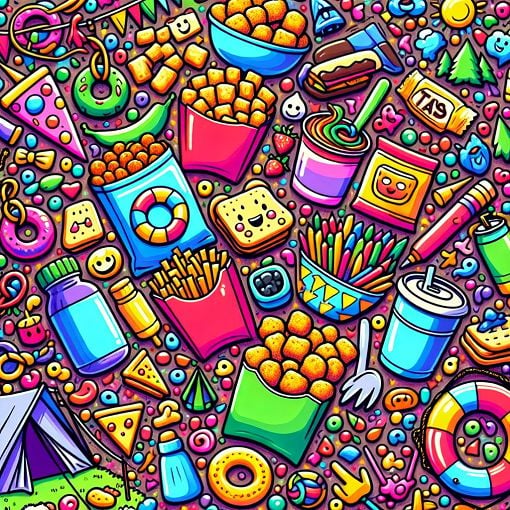 A vibrant and playful illustration of various snacks and camp-themed elements like tater tots, colorful friendship bracelets, and cheerful camp spots, with a touch of humor and youthfulness.  Bright colors and a fun cartoon style.