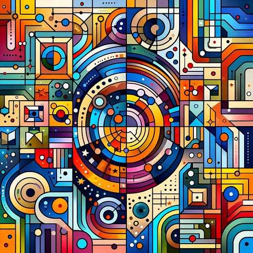 A vibrant abstract image that illustrates the concept of spatial affinity and personality, featuring geometric shapes and colorful patterns that represent different personality traits and social interactions.