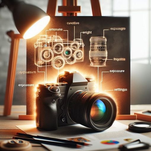 A stunning photograph of a camera in a well-lit setting, with various exposure settings displayed aesthetically. The image should convey the essence of photography and exposure techniques in a visually appealing manner.