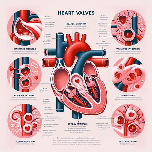 Create an educational infographic depicting various heart valves, highlighting conditions like stenosis and regurgitation, with simple illustrations and labels, in a medical style.