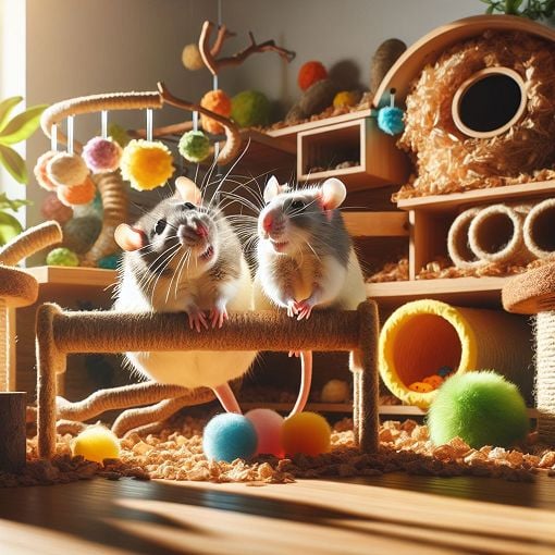 Create an image of two happy pet rats playing together in a spacious and well-decorated habitat, with natural light and vibrant toys.