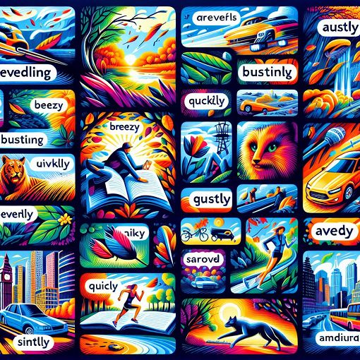 A colorful and engaging illustration of various adjectives and adverbs with example sentences surrounding them, depicting scenes of nature and everyday life.