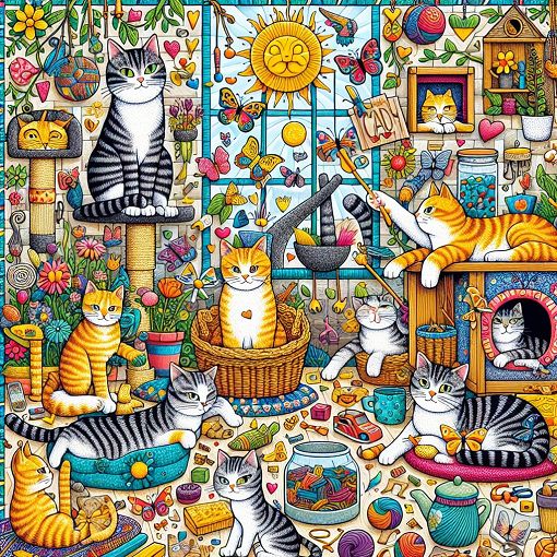 A whimsical illustration of various cats with different personalities and traits, each reflecting their unique characteristics in a colorful, vibrant setting.