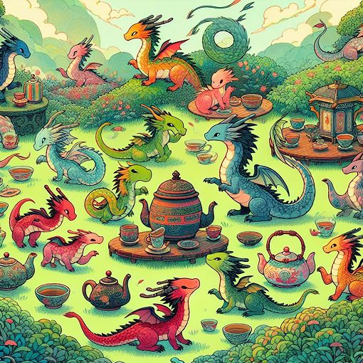 A whimsical illustration of various tea dragons in a serene tea garden, showcasing diversity in colors and sizes, with whimsical tea sets and greenery in the background.