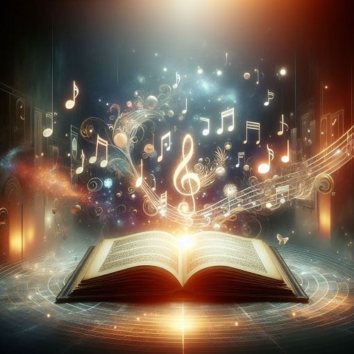 Create an image of an open Bible with musical notes and light shining around it, with abstract elements representing knowledge and learning, in a serene and inviting setting.