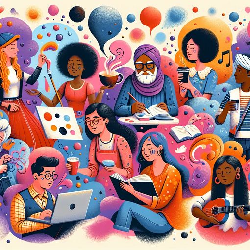 A whimsical illustration featuring a diverse group of people engaged in various activities, surrounded by vibrant colors representing different personality traits.