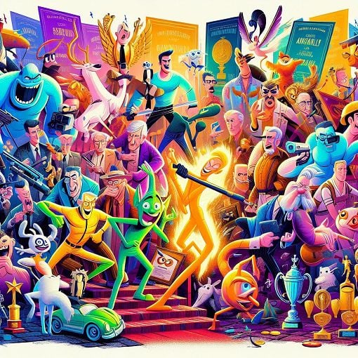 A vibrant and colorful collage of anime shows from 2016, featuring iconic characters in action poses, with awards and trophies in the background, illustrating humor and satire of the anime community.