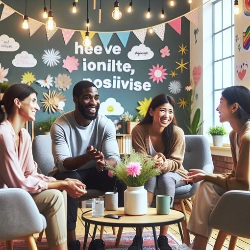 Create an image of a diverse group of people in a supportive environment, engaging in a conversation about mental health awareness, with elements of positivity and friendship in a bright and encouraging setting.