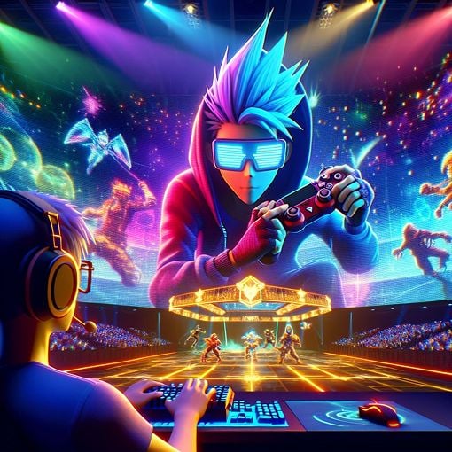 Create an image of a vibrant gaming setting featuring a character named Neo, engaged in a friendly gaming competition with colorful graphics and an inviting atmosphere.